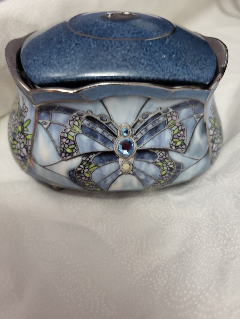 Heirloom Porcelain Blue Enamel Butterfly Music Trinket Box Holder